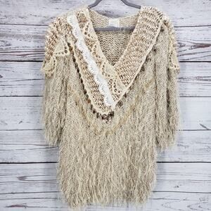 Apart Fashion Women's Beige Knit Crochet Lace Fuzzy Sweater Size Large